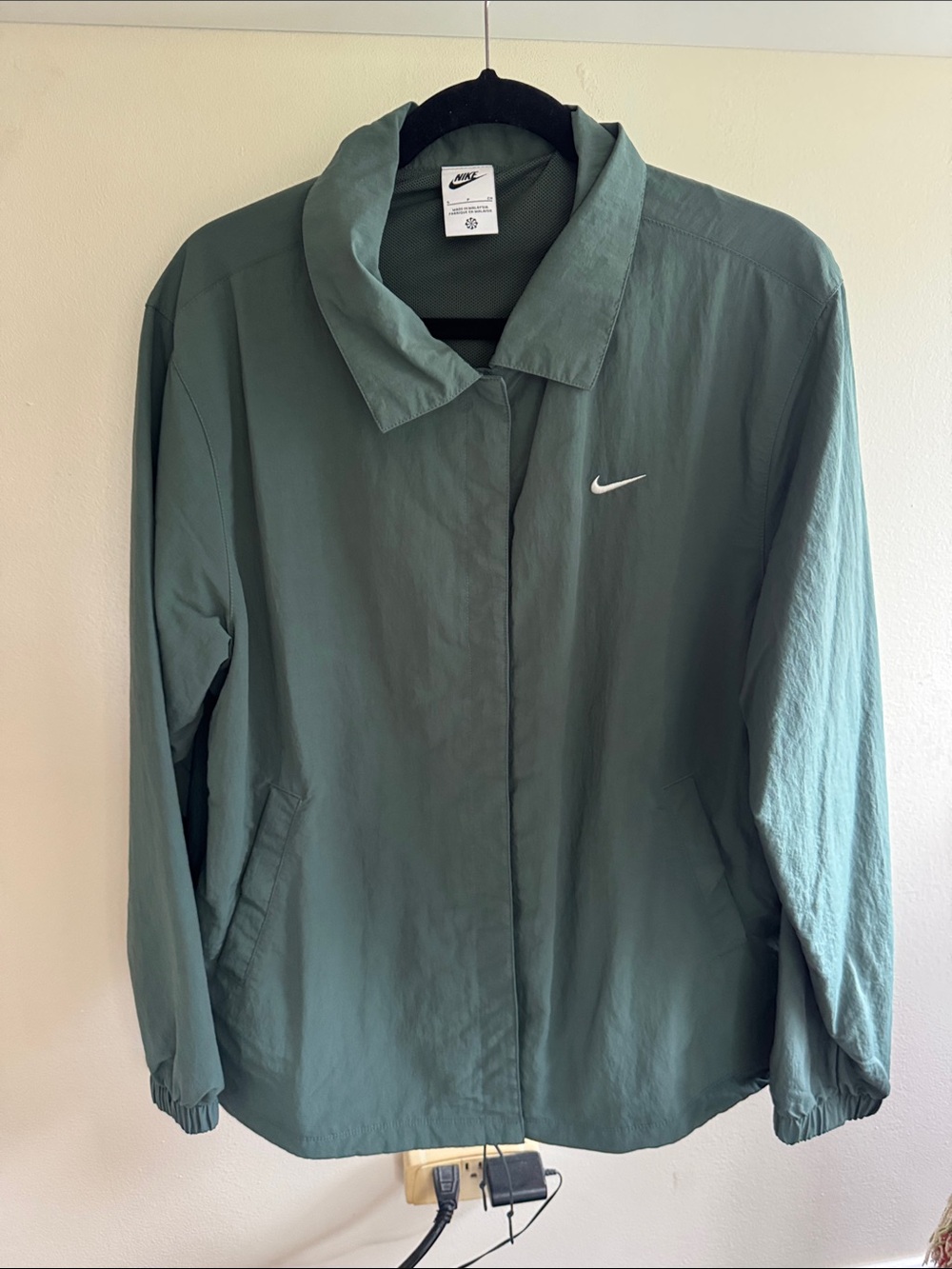 Nike Women's Sage Green Bomber Coach Jacket with White Swoosh size S